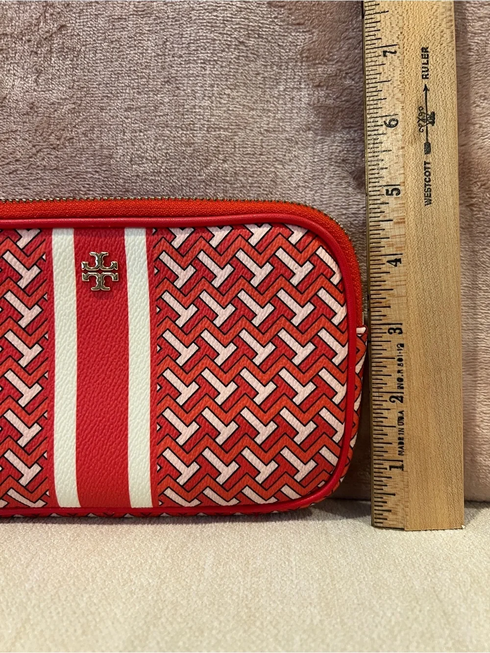 Tory Burch Redish orange and White Patterned wristlet